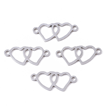 201 Stainless Steel Links connectors, Laser Cut, Heart to Heart, Stainless Steel Color, 8.5x19.5x1mm, Hole: 1.5mm