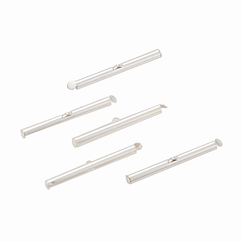 Brass Slide On End Clasp Tubes,  Slider End Caps, Silver Color Plated, 39.5x4mm, Hole: 1mm, Inner Diameter: 2mm