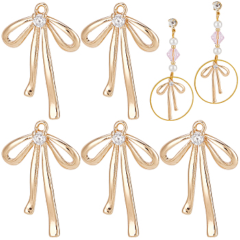 6 Pairs Brass Micro Pave Clear Cubic Zirconia Pendants, with Open Jump Rings, Nickel Free, Bowknot, Real 18K Gold Plated, 19x13x2.5mm, Hole: 1mm, 6 pairs