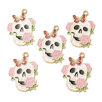 Halloween Alloy Pendants, with Enamel, Light Gold, Skull with Rose Charm, Pink, 30.0x21.5x1mm, Hole: 1.6mm