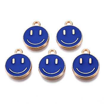 Alloy Enamel Charms, Cadmium Free & Lead Free, Smiling Face, Light Gold, Dark Blue, 14.5x12x1.5mm, Hole: 1.5mm