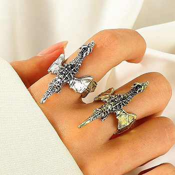 Dragon Alloy Open Cuff Rings for Women Men, Antique Silver, Adjustable, 39mm