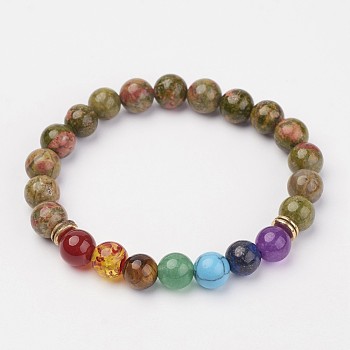 Unakite Beaded and Gemstone Beaded Stretch Bracelets, with Alloy Findings, Round, Bead: 1-7/8 inch~2 inch(48~50mm)
