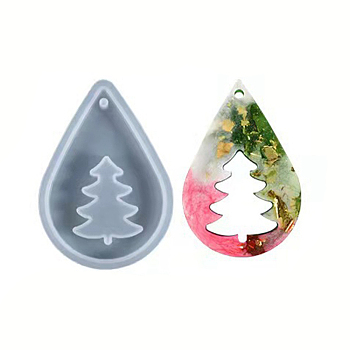DIY Christmas Tree Pendant Silicone Molds, Resin Casting Molds, for UV Resin & Epoxy Resin Pendant Making, Teardrop, White, 84x59x8mm, Hole: 3.5mm, Finished: 74x50x6mm