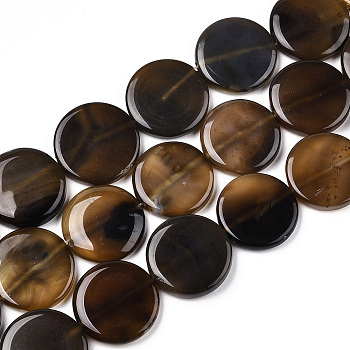 Dyed Natural Banded Agate Beads Strands, Flat Round, Coconut Brown, 30~31x6~10mm, Hole: 2mm, about 12pcs/strand, 14.37''(36.5cm)