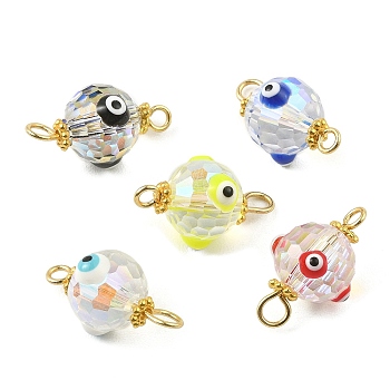 Transparent Evil Eye Glass Connector Charms, Faceted Round Links with Alloy Daisy Spacer Beads and Golden Plated 304 Stainless Steel Loops, Mixed Color, 18x10.5x9.5mm, Hole: 1.4~2.4mm