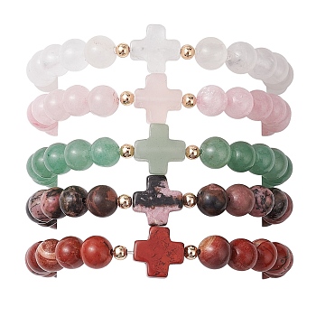 8mm Round & Cross Natural Mixed Gemstone Beaded Stretch Bracelets for Women, Inner Diameter: 2-1/8 inch(5.5cm)