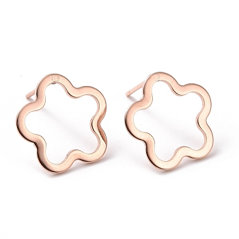 201 Stainless Steel Flower Stud Earring with 316 Stainless Steel Pin for Women, Real Rose Gold Plated, 14x14mm, Pin: 0.7mm