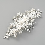 Bridal Flower Pearl Rhinestone Alloy Hair Combs, Hair Accessories for Woman, Silver, 155x72x13mm(MRMJ-WH0077-061S)
