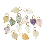 Natural Mixed Stone Pendants, Heart Charms with Brass Loops, Golden, 11.5x8x2.5mm, Jump Ring: 5x0.8mm, Inner Diameter: 3mm(PALLOY-JF05321)