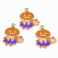 Light Gold Tone Alloy Enamel Pendants, Cadmium Free & Lead Free, Halloween, Pumpkin Jack-O'-Lantern, Dark Orange, 25x19x1.2mm, Hole: 1.5mm(ENAM-T018-21)