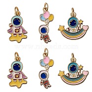 6Pcs 3 Style Eco-Friendly Brass Enamel Pendant, with Jump Rings, Long-Lasting Plated, Real 18K Gold Plated, Astronauts, Mixed Color, 16~24x10~17.5x1.5~2mm, Hole: 3.4mm, 2pcs/style(KK-SZ0005-15)