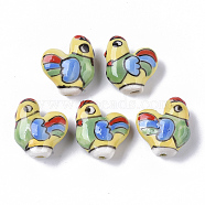 Handmade Porcelain Beads, Famille Rose Style, Rooster, Colorful, 18.5x20~22x9~10mm, Hole: 1.6mm(X-PORC-N004-60)