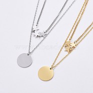 304 Stainless Steel Double Layer Necklaces, with Lobster Claw Clasps, Flat Round with Star, Mixed Color, 16.2 inch(41.3cm), 1~2mm(NJEW-F267-24)