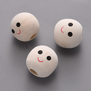 Maple Wood European Beads, Printed, Large Hole Beads, Undyed, Round with Smiling Face, Old Lace, 17~18mm, Hole: 5mm, about 260pcs/500g(WOOD-S055-24)