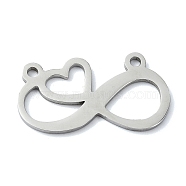304 Stainless Steel Pendants, Laser Cut, Infinity with Heart Charm, Stainless Steel Color, 12.5x22.5x1mm, Hole: 1.4mm(STAS-C097-58P)