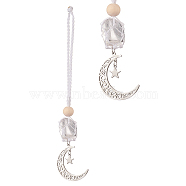 Moon 201 Stainless Steel Pendant Decorations, Wood Beads and Natural Quartz Crystal Nuggets Beads Nylon Thread Hanging Ornament, 165~171mm(HJEW-JM00958-03)