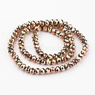 Electroplate Glass Bead Strands, Faceted, Rondelle, Rose Gold Plated, 6x4mm, Hole: 1mm, about 100pcs/strand, 15.7 inch(X-EGLA-G014-6mm-FP01)