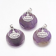 Natural Amethyst Pendants, with Platinum Tone Brass Findings, Flat Round with Buddha, 32x28x7mm, Hole: 4x5mm(KK-F751-J03)