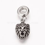 304 Stainless Steel European Dangle Charms, Large Hole Pendants, Lion Head, Antique Silver, 25mm, Hole: 5mm, Pendant: 15x10x8mm(OPDL-K001-12AS)