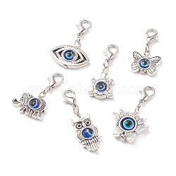 Evil Eye Pendant Decorations, Alloy & Resin Lobster Clasp Charms, Lotus Flower & Owl & Elephant & Eye & Butterfly & Tortoise, Antique Silver & Platinum, 29~36mm, 6pcs/set(HJEW-JM00668)