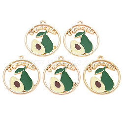 Alloy Enamel Pendants, Cadmium Free & Nickel Free & Lead Free, Light Gold, Ring with Word and Avocado, Sea Green, 31x28x1.5mm, Hole: 1.8mm(ENAM-S126-114-NR)