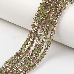 Electroplate Transparent Glass Beads Strands, Half Copper Plated, Faceted, Rondelle, Yellow Green, 6x5mm, Hole: 1mm, about 85~88pcs/strand, 16.1~16.5 inch(41~42cm)(EGLA-A034-T6mm-N03)