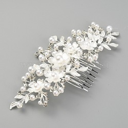 Bridal Flower Pearl Rhinestone Alloy Hair Combs, Hair Accessories for Woman, Silver, 155x72x13mm(MRMJ-WH0077-061S)
