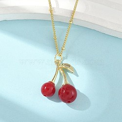 Brass Resin Fruit Cherry Pendant Satellite Chain Necklaces for Women, Dark Red, Real 18K Gold Plated, 17.80 inch(45.2cm)(NJEW-D306-02G-B)