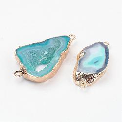 Electroplate Natural Druzy Geode Quartz Crystal Links connectors, with Brass Findings, Nuggets, Golden, Turquoise, 22~45x10~35x4~5.5mm, Hole: 2mm(G-K189-04C)