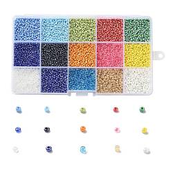 180G 15 Colors Glass Seed Beads, Lustered, Round, Mixed Color, 12/0, 1.5~2.5x1.5~2mm, Hole: 0.5~1mm, 12g/color(SEED-JQ0003-01D-2mm)