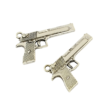 Tibetan Style Alloy Handgun/Pistol Pendants, Cadmium Free & Lead Free, Antique Silver, 34.7x20x4mm, Hole: 2.5mm, about 102pcs/500g