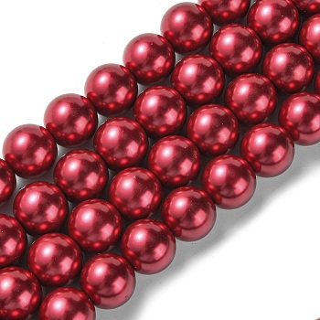 Eco-Friendly Glass Pearl Beads Strands, Grade A, Round, Dyed, Cotton Cord Threaded, Crimson, 14mm, Hole: 1.2~1.5mm, about 30pcs/strand, 15.7 inch