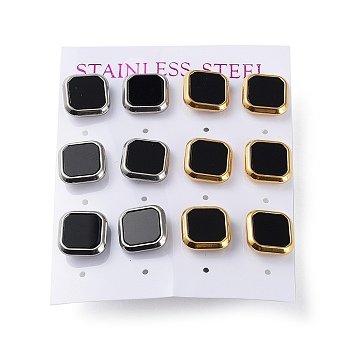 6 Pair 2 Color Square Acrylic Stud Earrings, Golden & Stainless Steel Color 304 Stainless Steel Earrings, Black, 12x12mm, 3 Pair/color