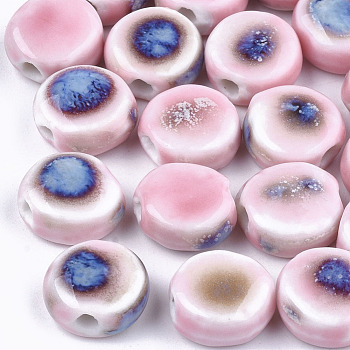 Handmade Porcelain Beads, Fancy Antique Glazed Porcelain, Flat Round, Pink, 10~11x10.5~11x5~5.5mm, Hole: 1.5~2mm