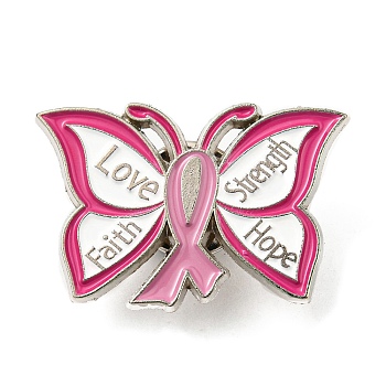 Butterfly & Breast Cancer Awareness Ribbon Alloy Enamel Pin, Brooch for Backpack Clothes, Cerise, 20.5x30.5x1.6mm