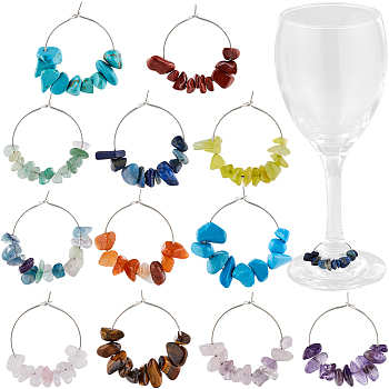 Gemstone Chips Wine Glass Charms, with Brass Findings, 35mm, 24pcs/box