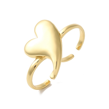 Rack Plating Heart Brass Open Cuff Double Rings for Women, Cadmium Free & Lead Free, Long-Lasting Plated, Real 18K Gold Plated, Heart: 24x20mm