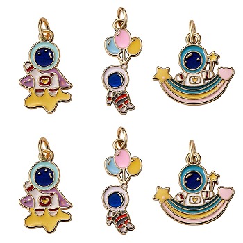 6Pcs 3 Style Eco-Friendly Brass Enamel Pendant, with Jump Rings, Long-Lasting Plated, Real 18K Gold Plated, Astronauts, Mixed Color, 16~24x10~17.5x1.5~2mm, Hole: 3.4mm, 2pcs/style