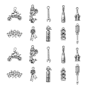 100Pcs 10 Styles Tibetan Style Racer Theme Alloy Pendants, Lead Free and Cadmium Free, Mixed Shapes, Antique Silver, 12~28x6~22x2~4mm, Hole: 2mm, 10pcs/style