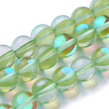 Synthetic Moonstone Beads Strands, Dyed, Holographic Beads, Half AB Color Plated, Round, Light Green, 6mm, Hole: 1mm, about 64pcs/strand, 15 inch