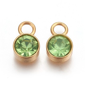 Glass Rhinestone Charms, August Birthstone Charms, with Golden Tone 201 Stainless Steel Findings, Flat Round, Peridot, 10x6x4mm, Hole: 2.3mm