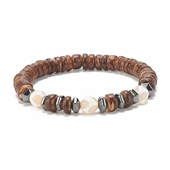 Mala Bead Bracelet, Natural Coconut & Tibetan Agate & Synthetic Hematite Stretch Bracelet, Tibetan dZi Beads Jewelry for Women, Coconut Brown, Inner Diameter: 2-1/8 inch(5.3cm)