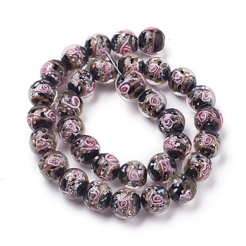 Handmade Gold Sand Lampwork  Beads Strands, Round, Black, 11~12mm, Hole: 1mm, about 33pcs/strand, 14.5 inch(37cm)