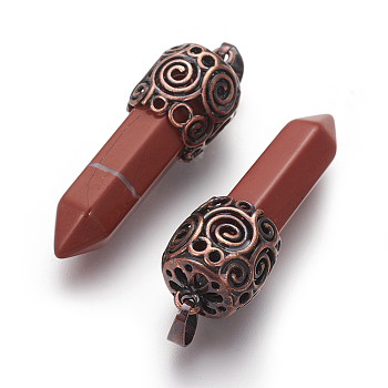 Natural Red Jasper Pointed Pendants, with Brass Findings, Bullet, Red Copper, 42~46x15~16mm, Hole: 5x7mm
