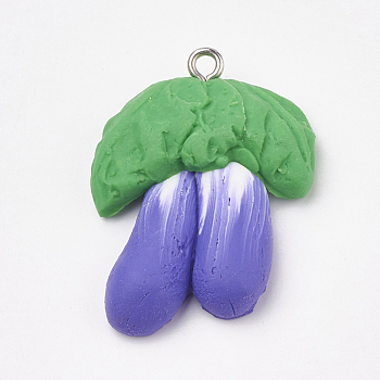 Handmade Polymer Clay Pendants, with Iron Findings, Eggplant, Platinum, Blue Violet, 30x24x8mm, Hole: 2mm