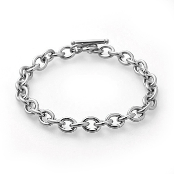 304 Stainless Steel Cable Chain Bracelets, with Toggle Clasps, Stainless Steel Color, 8-5/8 inch(22cm), 8mm