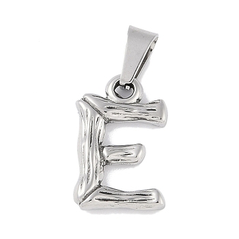 Non-Tarnish 304 Stainless Steel Pendants, Bamboo Style, Stainless Steel Color, Letter.E, 18x12x3mm, Hole: 3x7mm