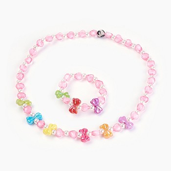 Acrylic Beads Kids Jewelry Sets, Stretch Bracelets & Necklaces, Bowknot and Heart, Pink, 1-5/8 inch(4.3cm), 19.29 inch(49cm)