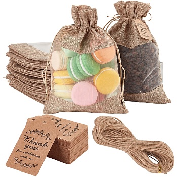 25Pcs Burlap Packing Pouches Drawstring Bag, with Organza Visual Window, for Valentine Birthday Wedding Party Candy Wrapping, with 1 Bag Kraft Paper Cord Display Cards, Tan, 23.2x16.2x0.2cm